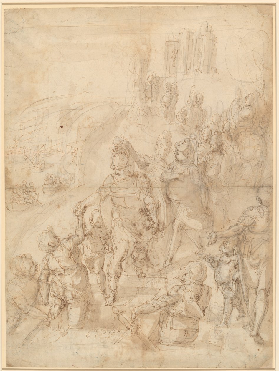 De inscheping van Aeneas vanaf de Ceraunische kaap door after Luca Cambiaso Giulio Benso