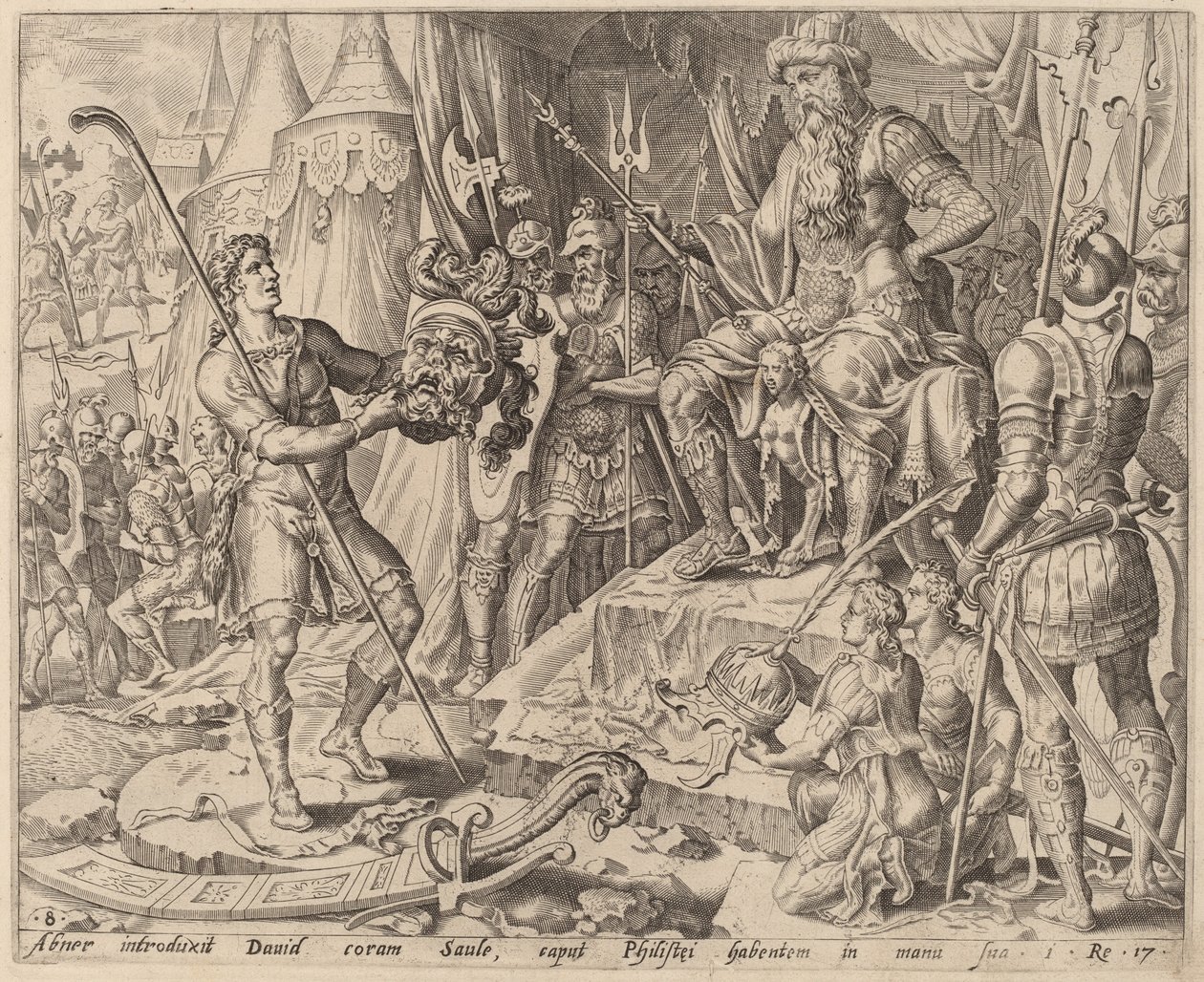 David met het Hoofd van Goliath voor Saul door after Maerten van Heemskerck