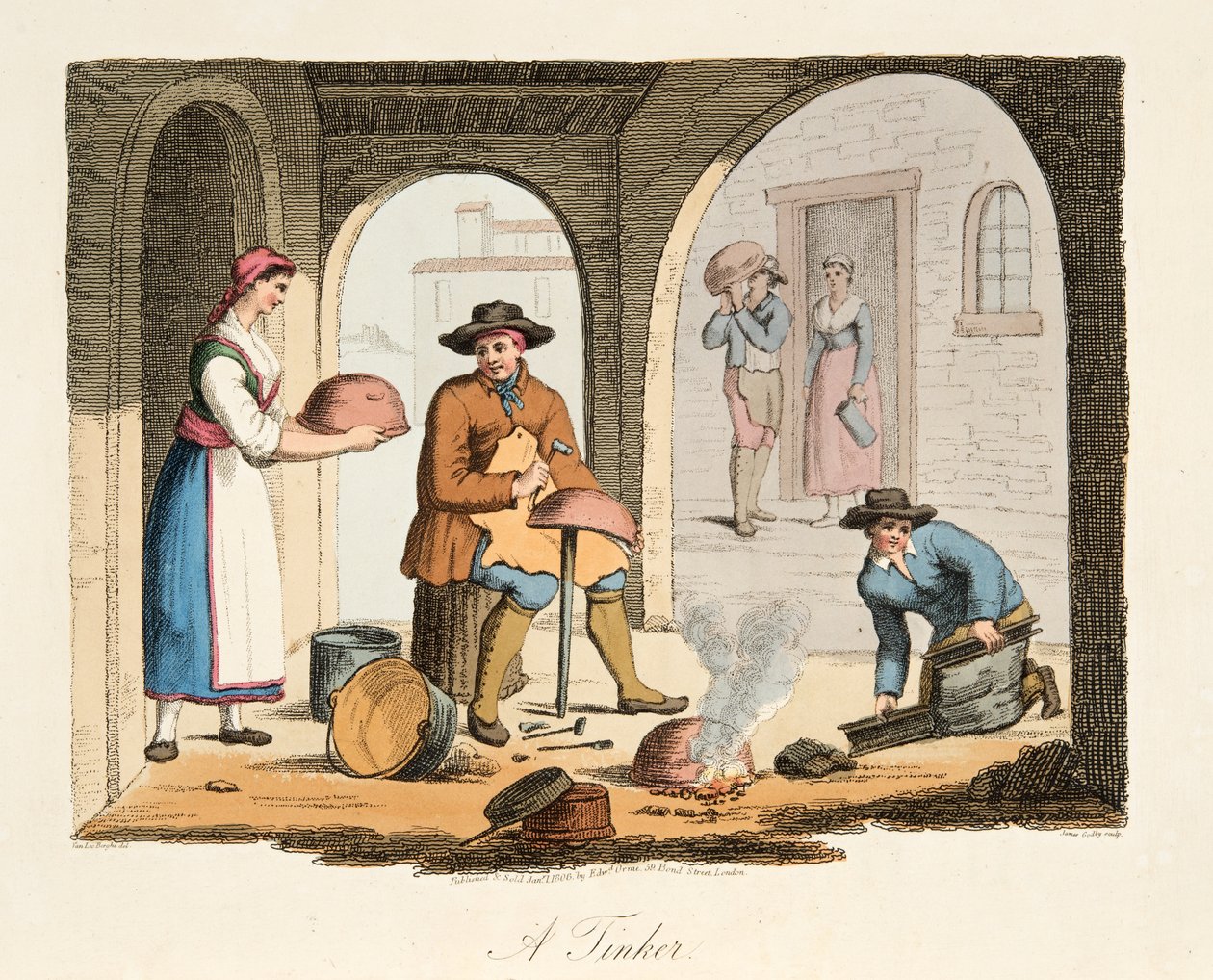 Een Reizende Tinsmid, uit Italiaanse Scenery, die de Zeden, Gewoonten en Amusementen van de verschillende Staten van Italië vertegenwoordigt, uitgegeven 1806 door after P. van Lerberghi