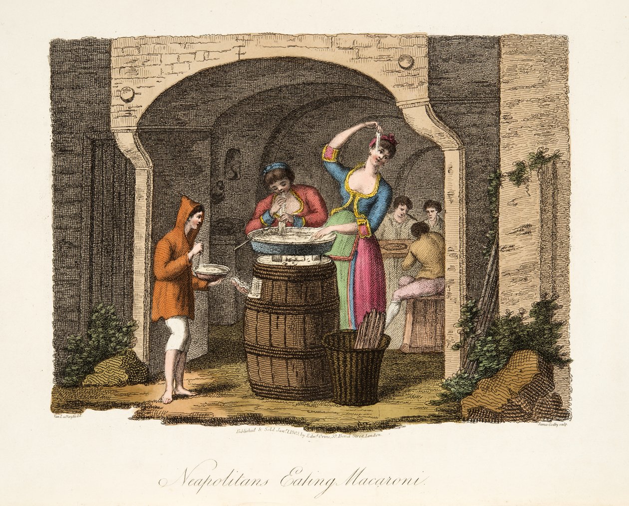 Napolitanen Eten Macaroni, uit Italiaanse Scènes, die de Manieren, Gewoonten en Amusementen van de verschillende Staten van Italië vertegenwoordigen, uitgegeven 1806 door after P. van Lerberghi