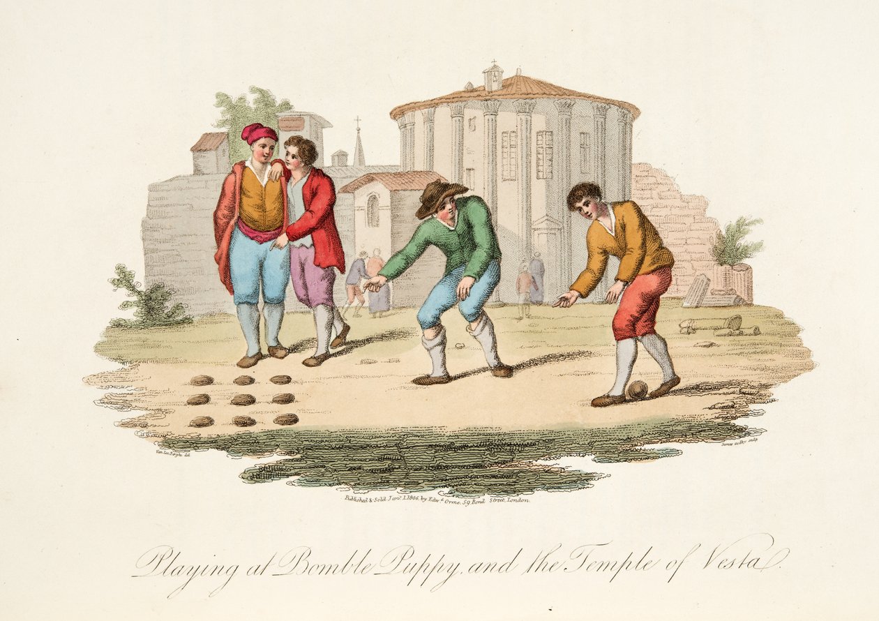 Spelen bij Bomble Puppy en de Tempel van Vest, uit Italiaanse Scènes, die de Manieren, Gewoonten en Amusementen van de verschillende Staten van Italië vertegenwoordigen, uitgegeven 1806 door after P. van Lerberghi