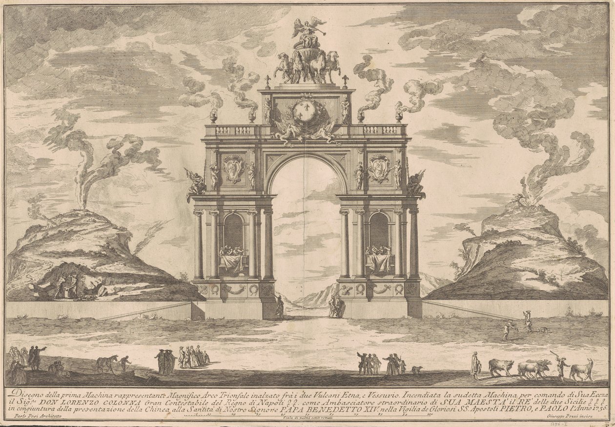 De Prima Macchina voor de Chinea van 1756: Een Triomfboog tussen de Etna en de Vesuvius door after Paolo Posi Giuseppe Pozzi