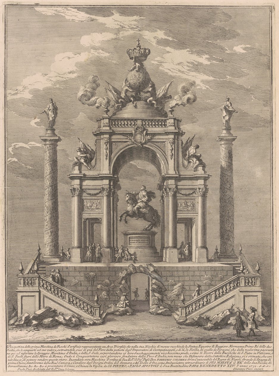 De Prima Macchina voor de Chinea van 1751: Triomfboog voor Roger I van Sicilië door after Paolo Posi Giuseppe Vasi
