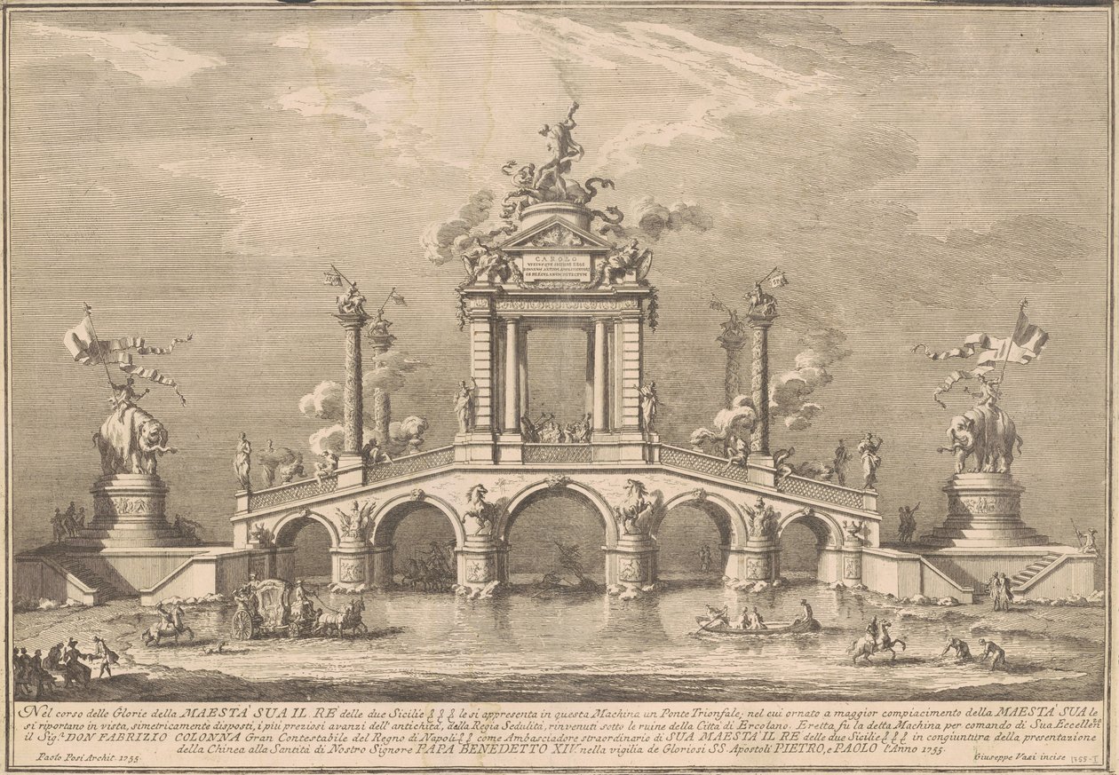 De Prima Macchina voor de Chinea van 1755: Een triomfbrug met antiquiteiten uit Herculaneum door after Paolo Posi Giuseppe Vasi