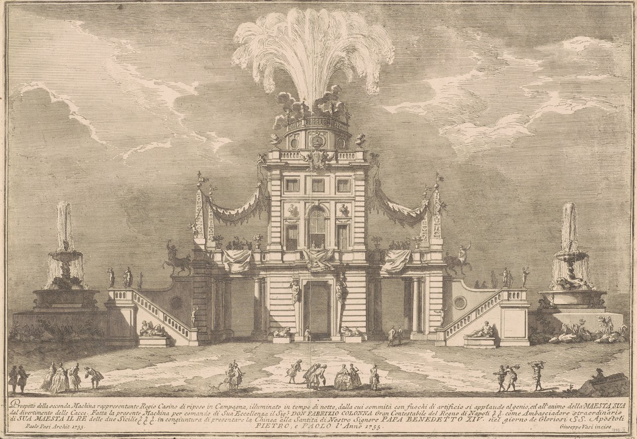 De tweede machine voor de Chinea van 1755: Een koninklijk jachthuis door after Paolo Posi Giuseppe Vasi