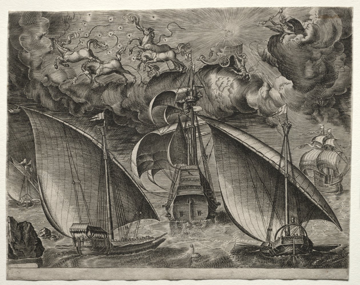 Zeilschepen: Twee Galeien die Achter een Gewapende Driemaster Varen met Phaeton en Jupiter in de Lucht door after Pieter Bruegel