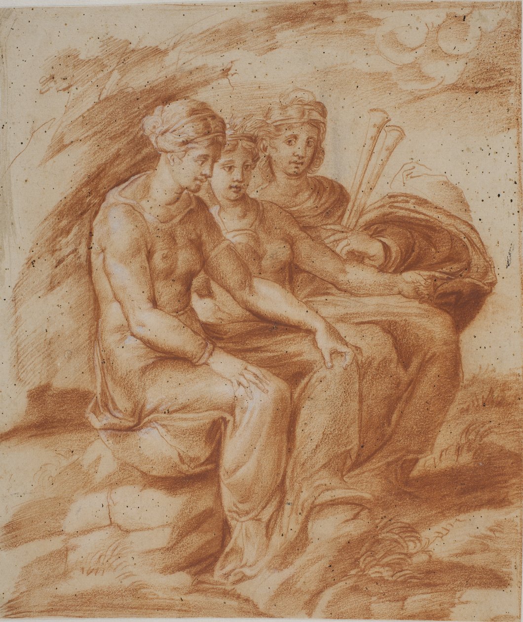Drie Vrouwen, een met een Dubbele Fluit, Zittend in een Landschap door after Pirro Ligorio