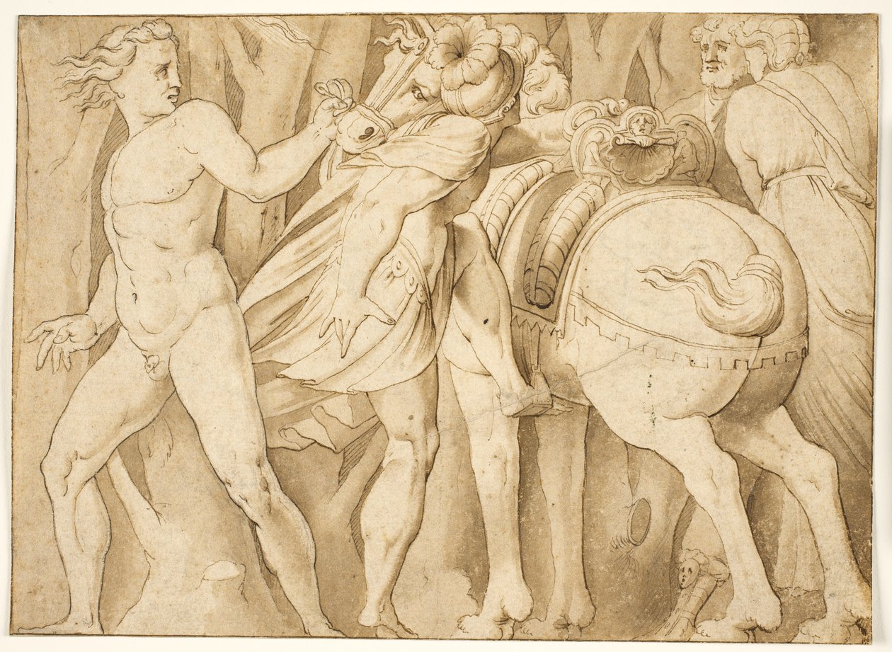 Scène uit de Romeinse geschiedenis? Een man die een paard bestijgt dat wordt vastgehouden door een naakte man door after Polidoro da Caravaggio