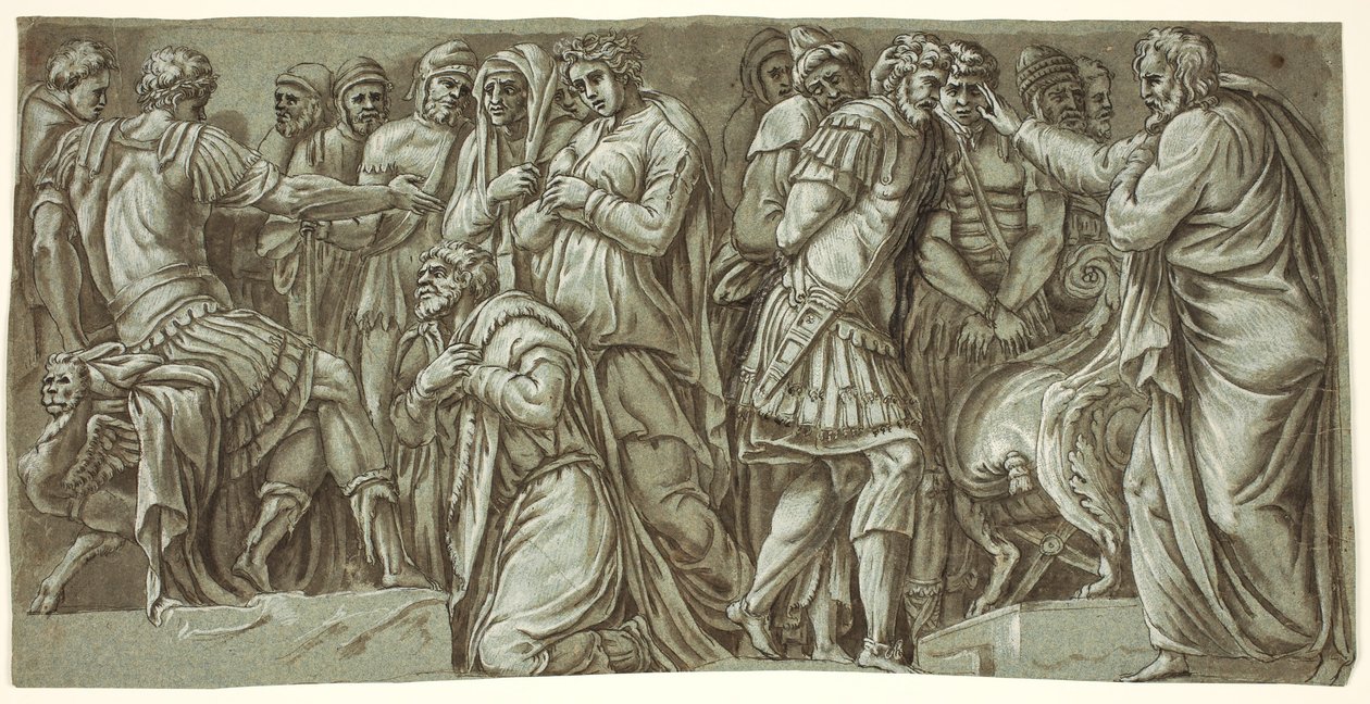 De familie van Darius voor Alexander en een scène met gevangenen; van de gevel van het Palazzo Milesi door after Polidoro da Caravaggio