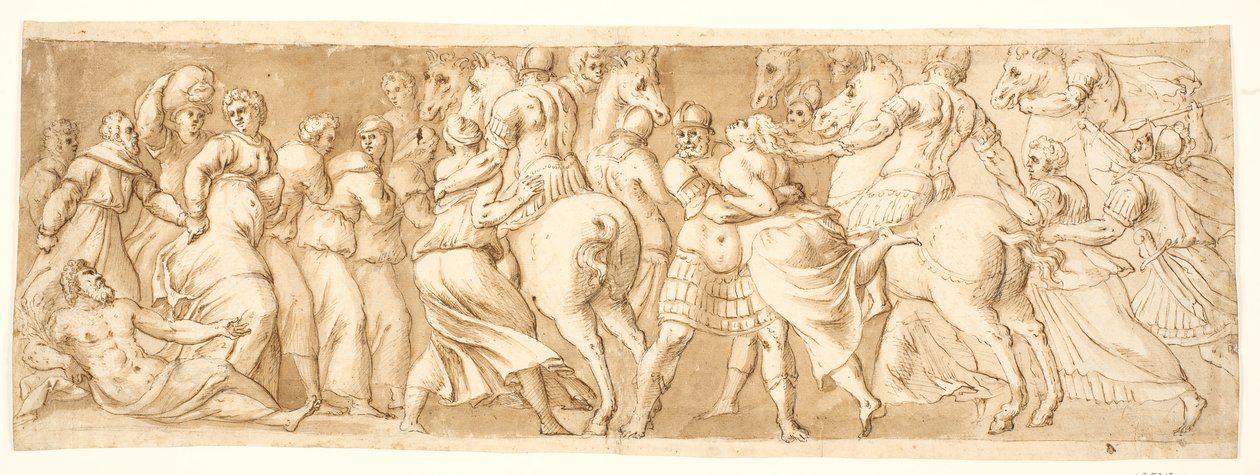 De verkrachting van de Sabijnse vrouwen, linkerhelft door after Polidoro da Caravaggio