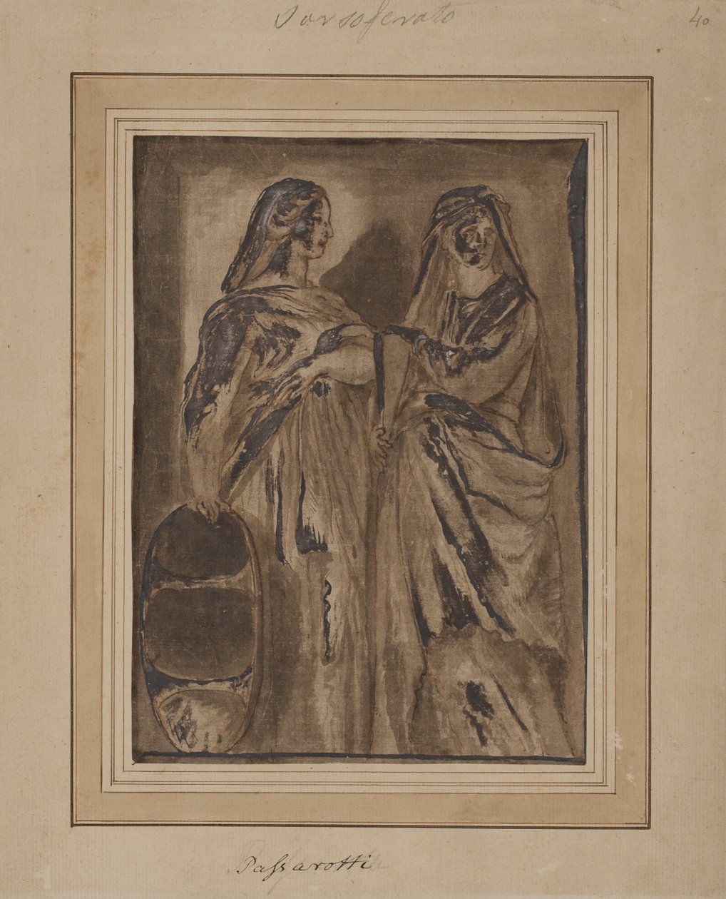 Twee staande Romeinse matrons, een met een schild door after Polidoro da Caravaggio
