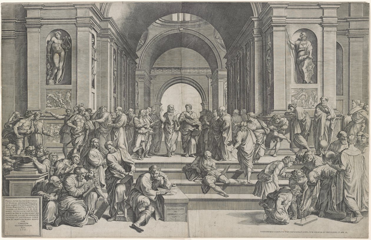 De school van Athene. Uitgegeven 1550 door after Raphael