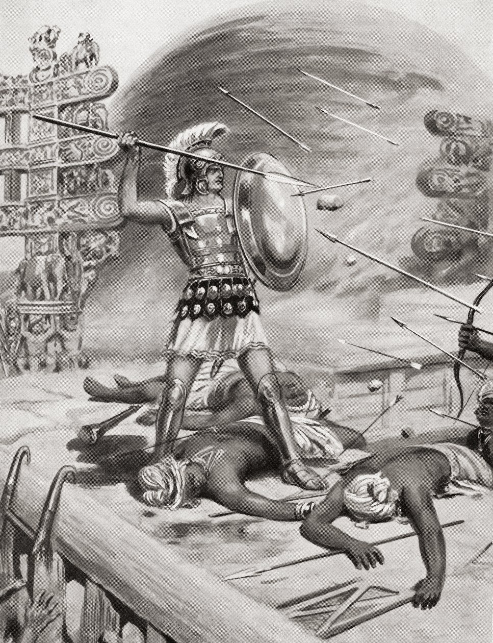 Alexander de Grote vecht tegen de Assacani bij de versterkte stad Massaga, India tijdens zijn Indiase Campagne in 326 v.Chr., uit Hutchinsons Geschiedenis van de Naties, pub.1915 door after Robert Dudley