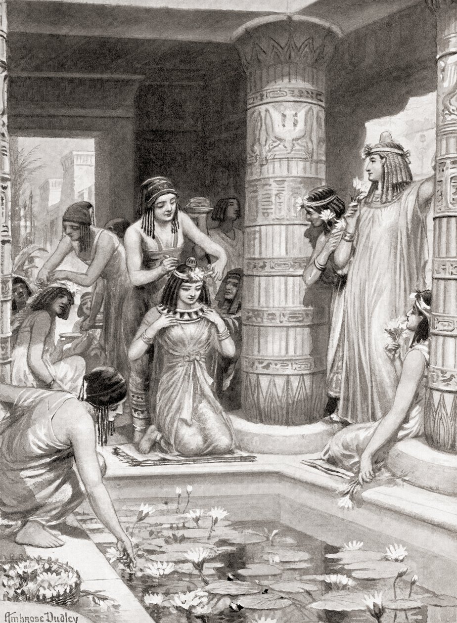Gasten die aankomen voor het diner in het oude Egypte kregen water om hun voeten en handen te wassen, werden gezalfd met geurende olie en gekroond met bloemenkransen, uit Hutchinsons Geschiedenis van de Naties, pub door after Robert Dudley