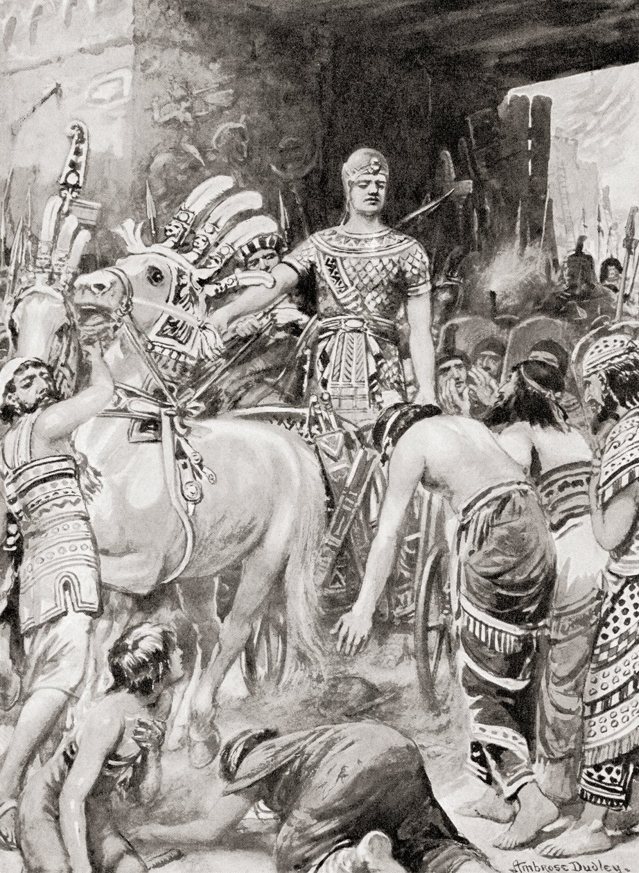 Psamtik I van Egypte betreedt de stad Azotus of Ashdod, uit Hutchinsons Geschiedenis van de Naties, pub.1915 door after Robert Dudley