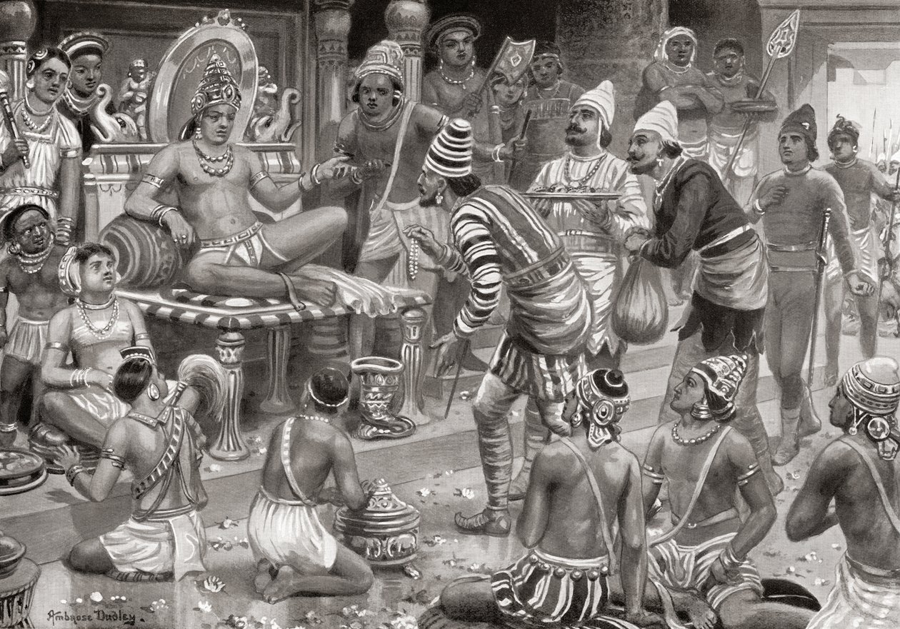 Pulakeshin II, de Chalukaya, ontvangt gezanten uit Perzië in Badami, uit Hutchinsons Geschiedenis van de Naties, pub.1915 door after Robert Dudley