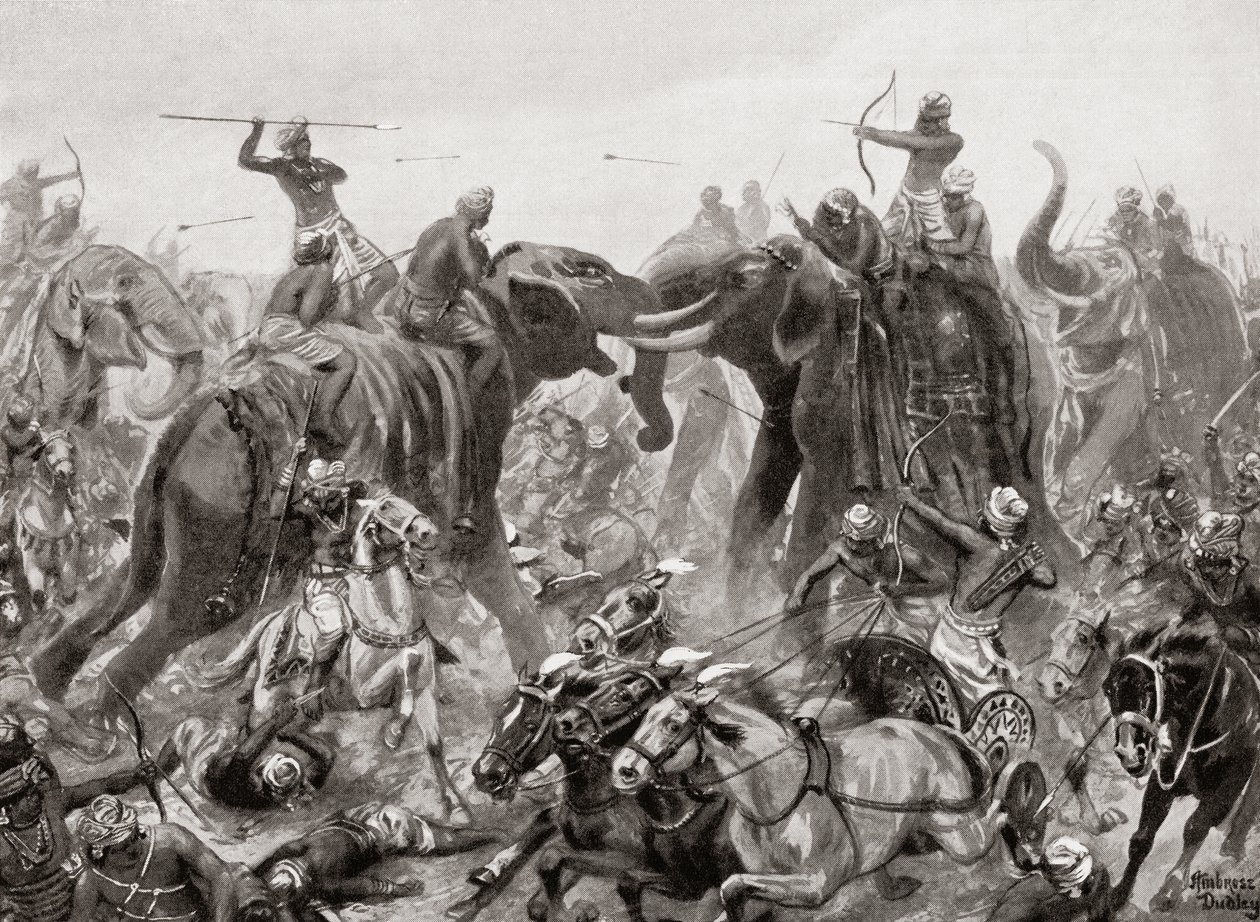 De nederlaag van Pulakeshin Chalukhya door Narasimhavarman I bij Badami in 642 AD, uit Hutchinsons Geschiedenis van de Naties, pub.1915 door after Robert Dudley