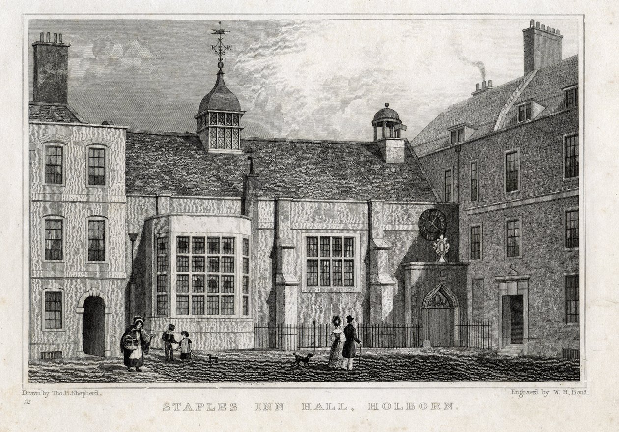 Staples Inn Hall Holborn, 1830 door Thomas Hosmer after Shepherd