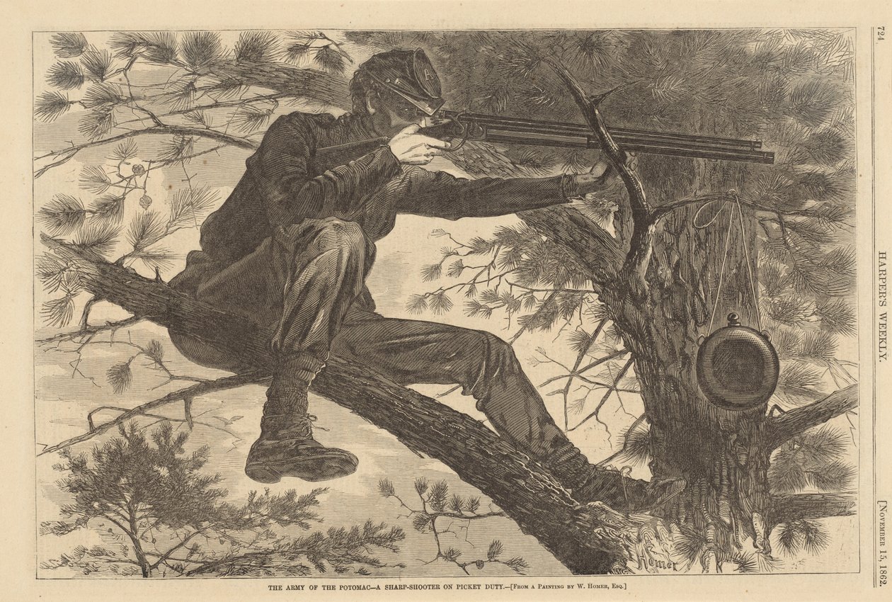 Het Leger van de Potomac - Een Scherpschutter op Piketdienst door Winslow Homer