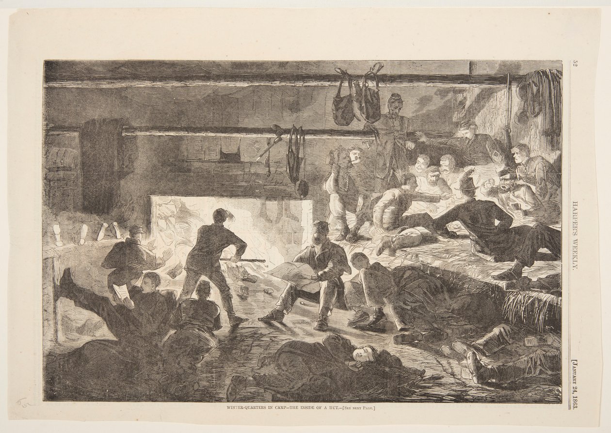 Winterkwartieren in kamp – De binnenkant van een hut door after Winslow Homer