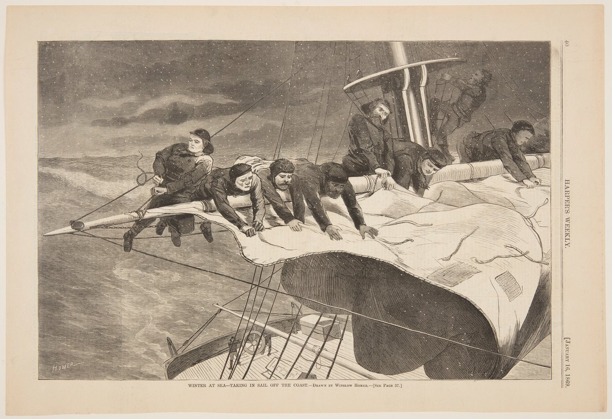 Winter op zee – zeil inhalen voor de kust door Winslow Homer