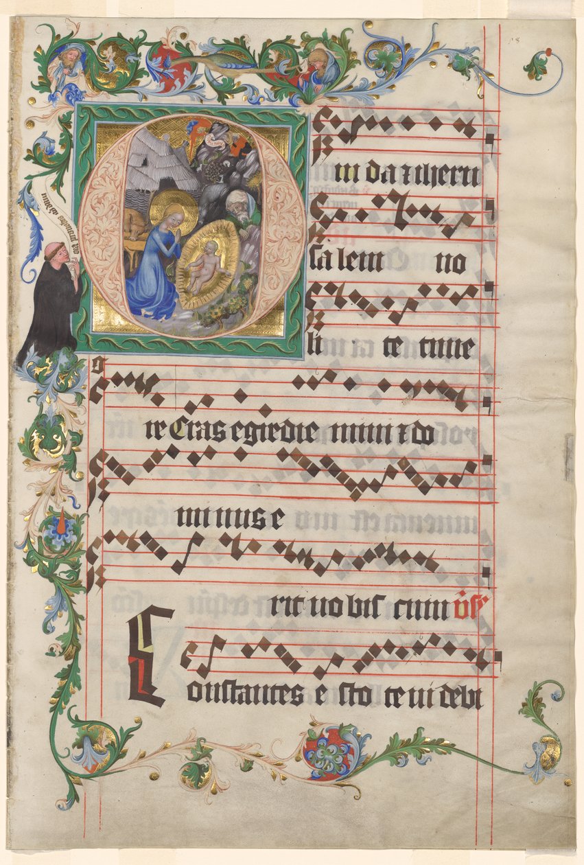 Bifolio uit een Antifonarium: Geïllustreerde Initiaal O met de Geboorte door after a work attributed to Zhou Wenju
