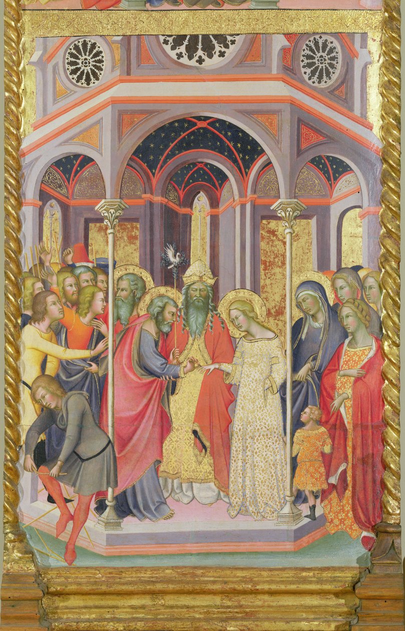 Drieluik van de kroning van de Maagd, linker vleugel die het huwelijk van de Maagd toont door also Manfredi de Battilori Bartolo di Fredi