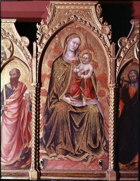 Altaarstuk van Gerard Cossassi degli Assi, detail van het centrale paneel dat de Madonna en Kind op de troon afbeeldt door also Manfredi de Battilori Bartolo di Fredi