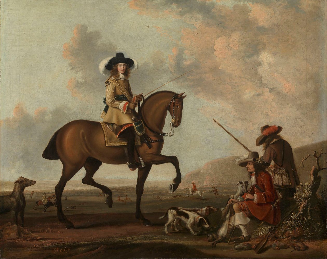 Een heer te paard met twee jachtopzieners met honden door anonymous 