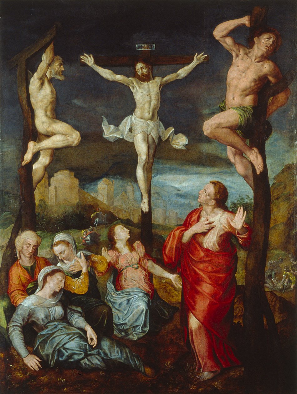 Dutch: Christus aan het kruis met Maria, Johannes en Maria Magdalena door anonymous 