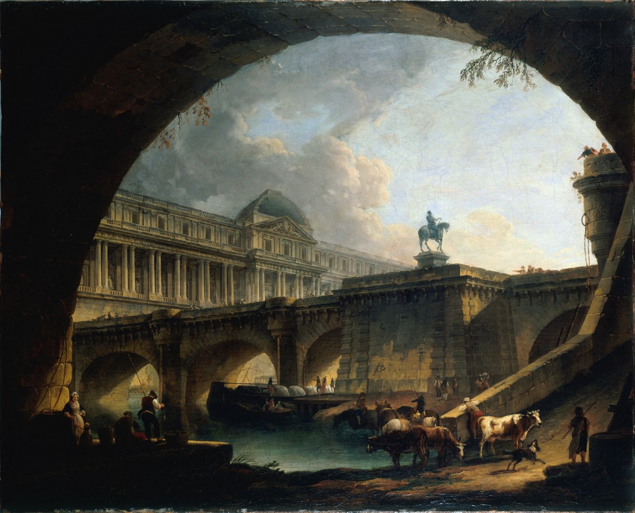 French: Caprice architectural : un palais inspiré du Louvre et le Pont-Neuf s