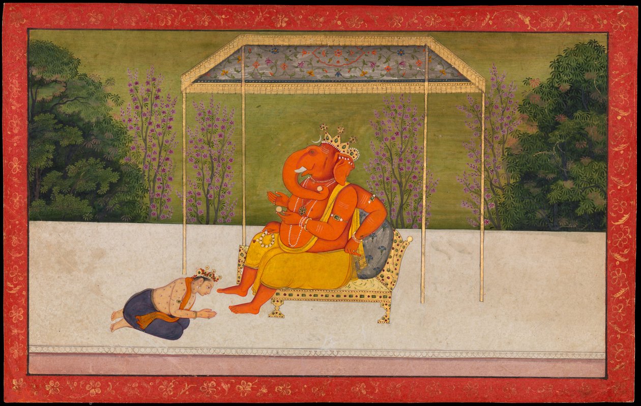 "Indra aanbidt de olifantenhoofdgod Ganesha, gezeten op een troon. Folio uit de Tehri Garhwal Serie van de Gita Govinda door anonymous 