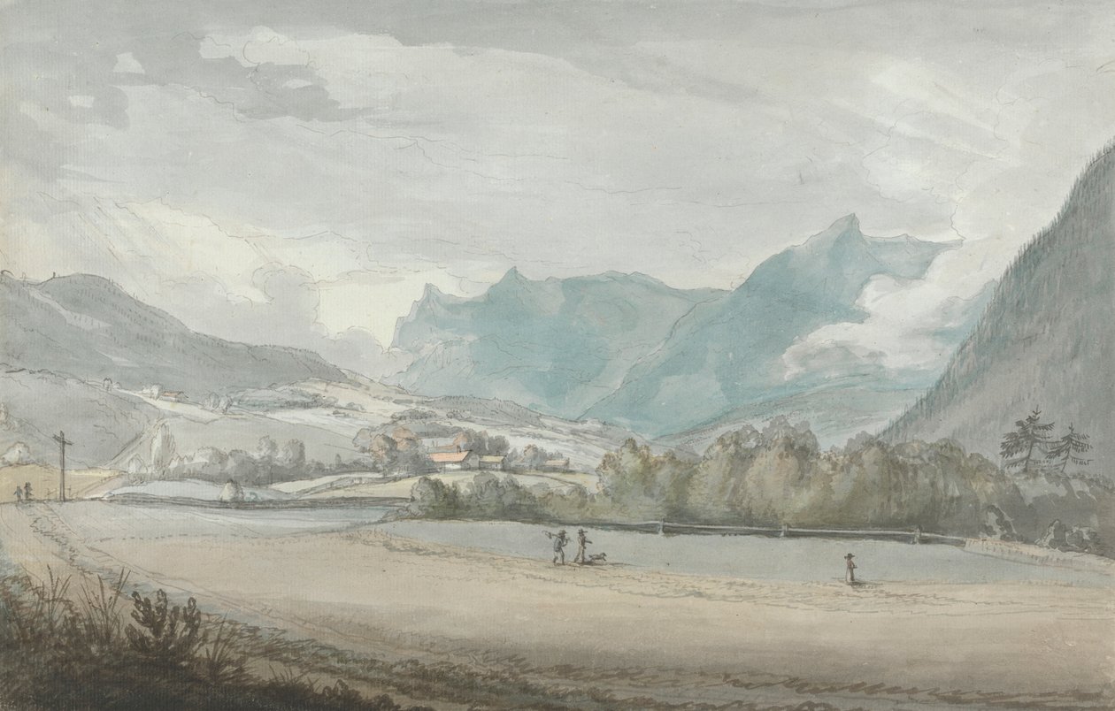 Bergachtig landschap met figuren door attributed to Benjamin West