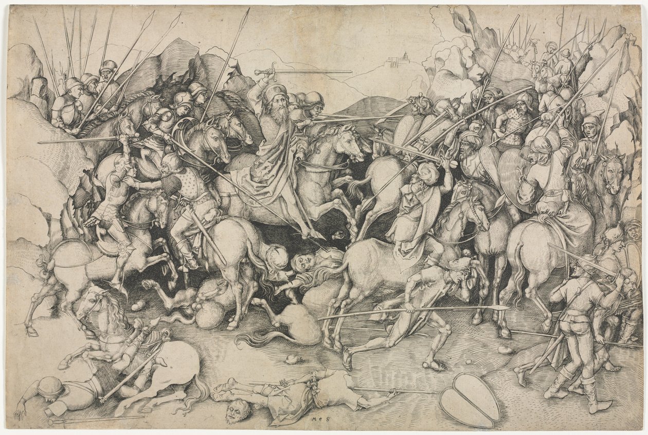 De slag van Sint Jacobus de Meerdere bij Clavijo door attributed to Martin Schongauer