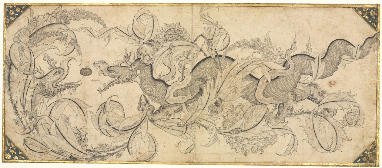 Draak in gebladerte met leeuwen- en fenikskoppen door attributed to Sahkulu