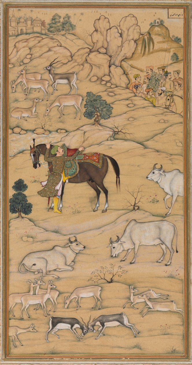 Akbar bestijgt zijn paard; pagina uit de Chester Beatty Akbar Nama (Geschiedenis van Akbar) door attributed to Sur Das Gujarati