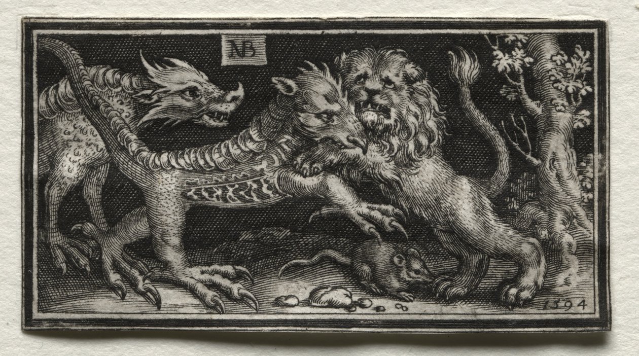 Leeuw vecht met twee beesten door attributed to Tobias Stimmer