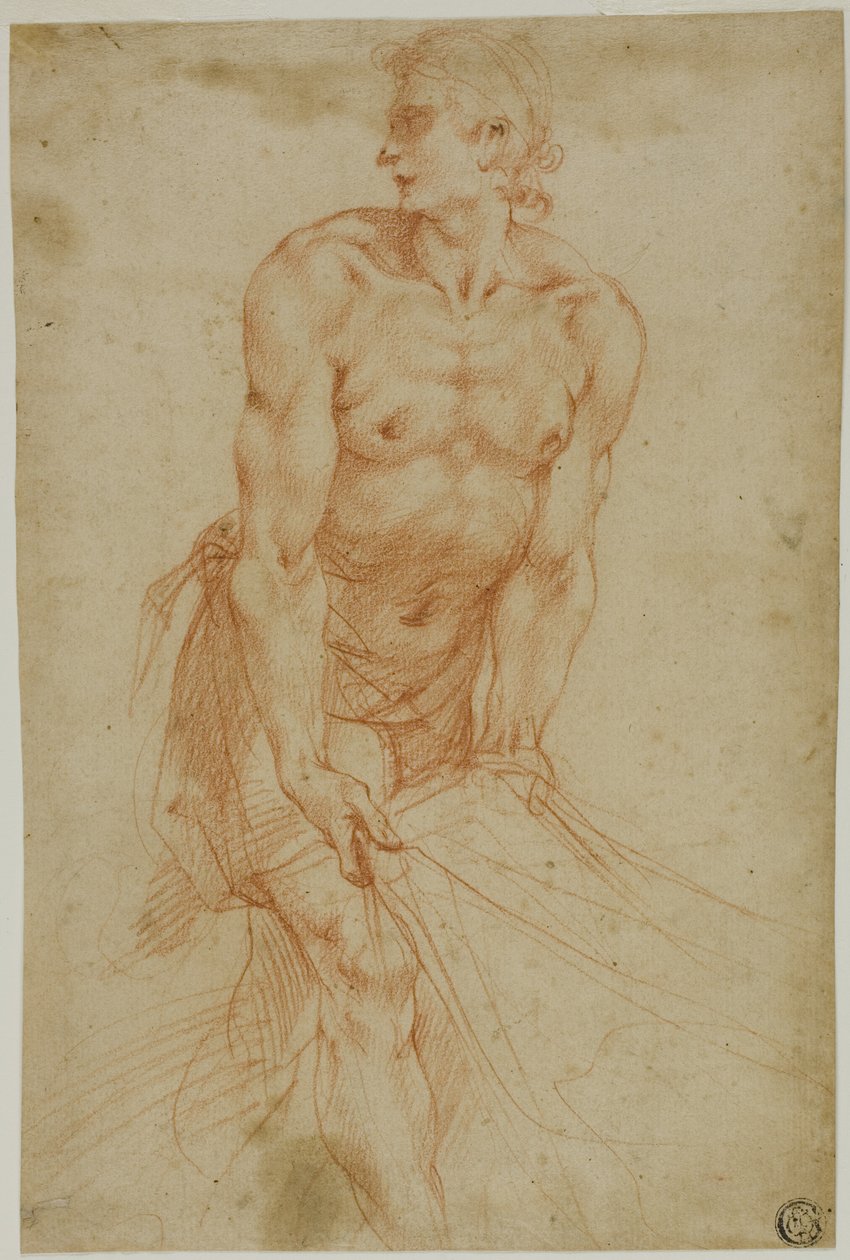 Man trekt aan laken: Studie voor de Graflegging [Sacristie van de Certosa di San Martino, Napels, 1596]. door called Cavaliere d