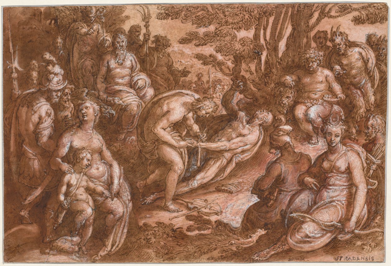 Het villen van Marsyas, ca. 1570-1605 door called Johannes Stradanus Jan van der