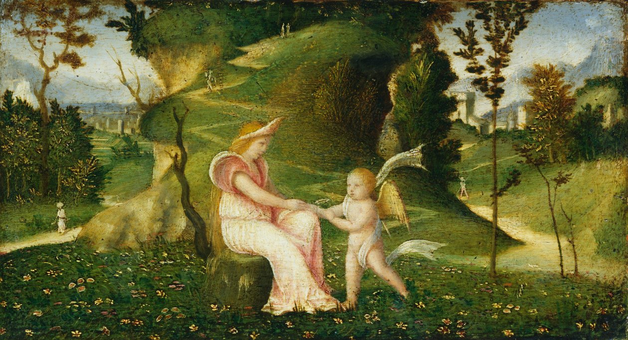 Venus en Cupido in een landschap door circle of Giorgione