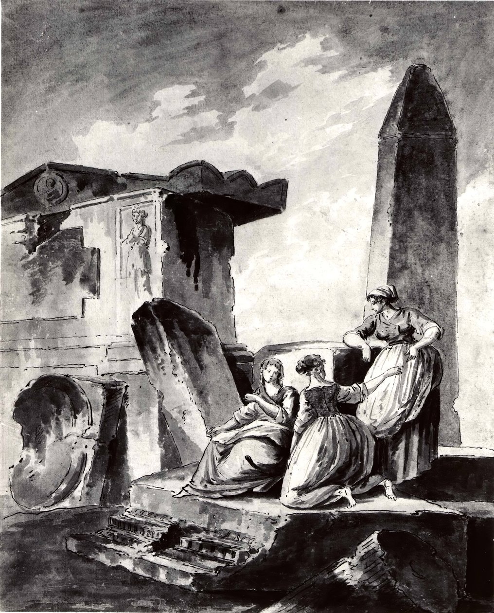 Drie jonge meisjes bij ruïnes, ca. 1790 door copy after Hubert Robert.