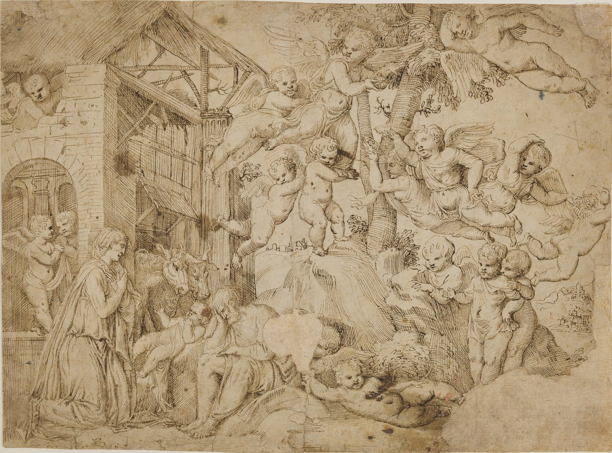 De Aanbidding van het Christuskind met een koor van putti door dall