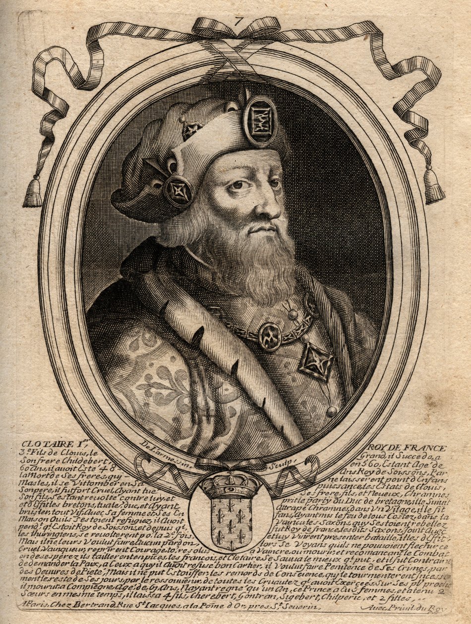 Portret van Clotaire I (497 - 561), Koning van Neustrië en Koning van de Franken - Gravure uit 