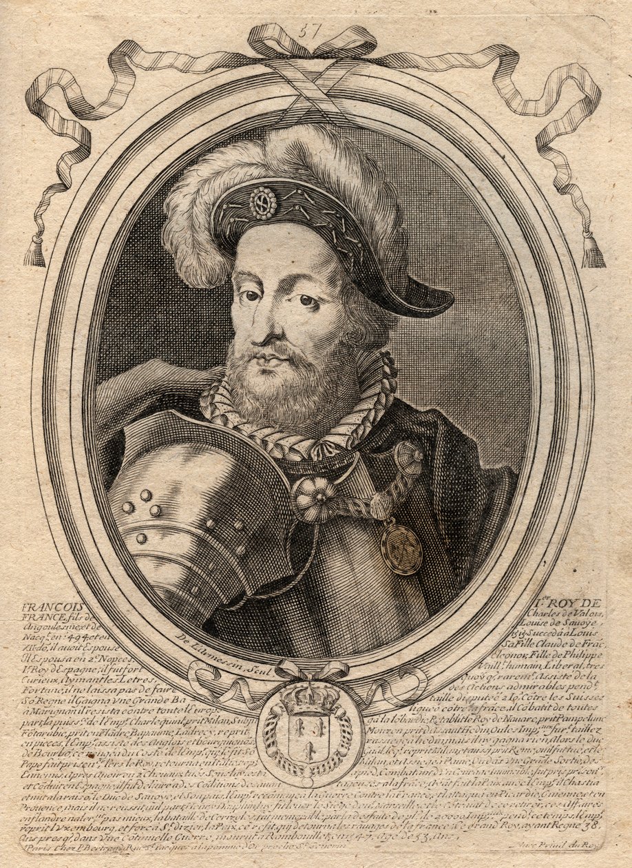 Portret van Frans I (1494 - 1547), Koning van Frankrijk - Gravure uit 
