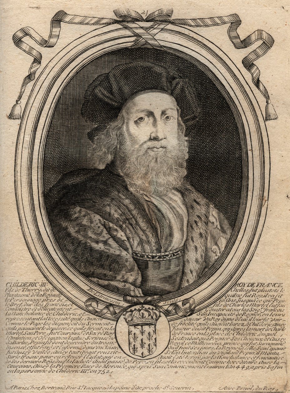 Dynastie van de Merovingen: Portret van Childerik III (714-755), koning van de Franken - gravure uit 