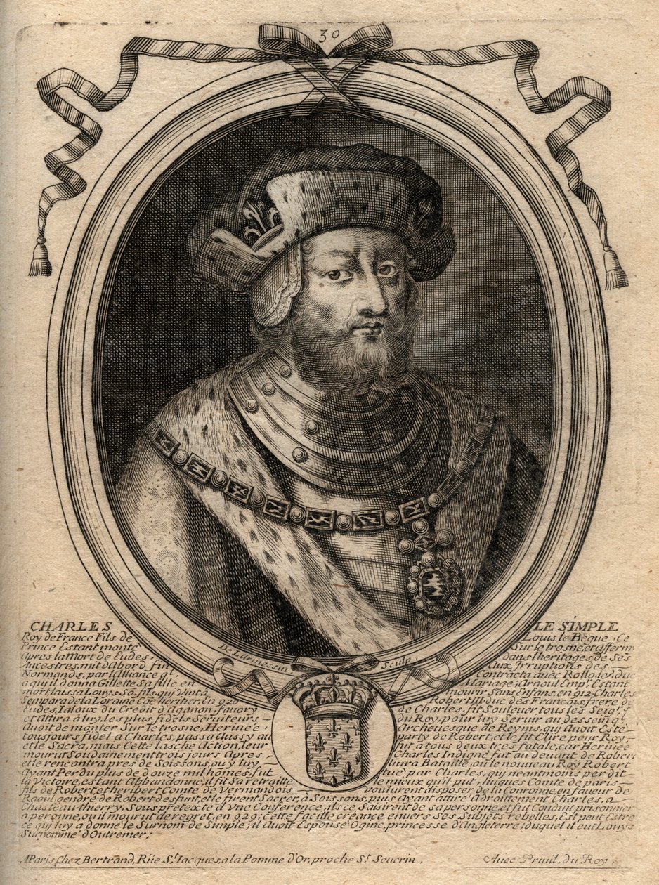 Portret van Karel III genaamd de Eenvoudige (879-929) koning van de Franken - KAREL III (879-929) - Karel de Eenvoudige - Koning van Frankrijk, 893-923 - gravure uit 