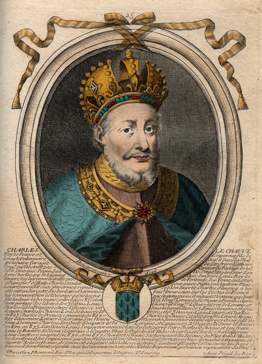 Portret van Karel II de Kale (823-877), koning van Frankrijk. Gravure uit 