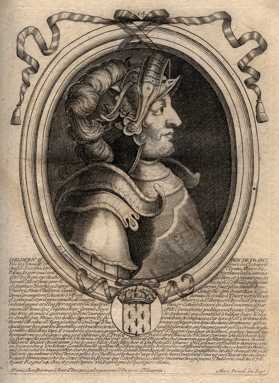 Portret van Childerik II, koning van de Franken van 670 tot 673 - gravure uit 