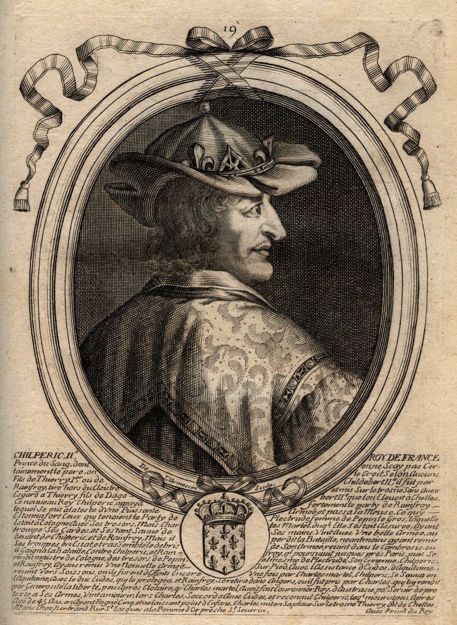 Portret van Chilperik II (ca. 670 - 721), Koning van Neustrië - Gravure uit 