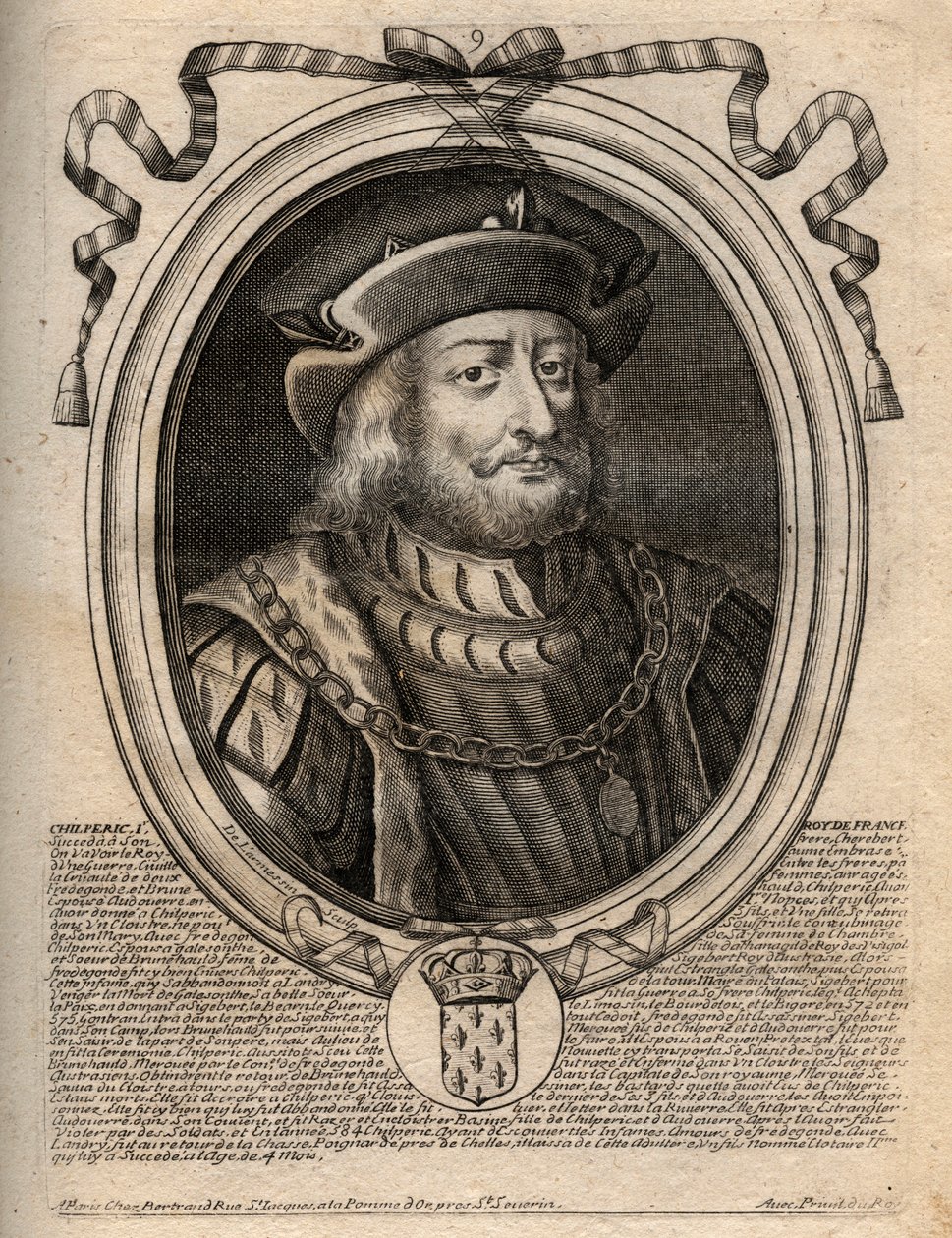 Portret van Chilperik I (539-584), koning van Neustrië - gravure uit 